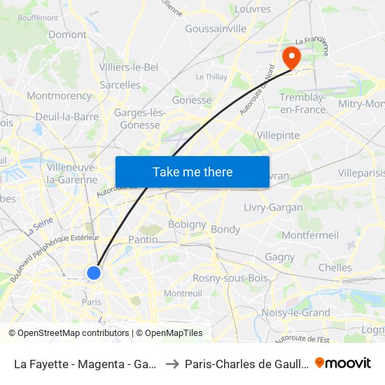La Fayette - Magenta - Gare du Nord to Paris-Charles de Gaulle Airport map