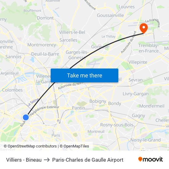 Villiers - Bineau to Paris-Charles de Gaulle Airport map