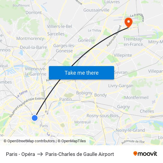 Paris - Opéra to Paris-Charles de Gaulle Airport map