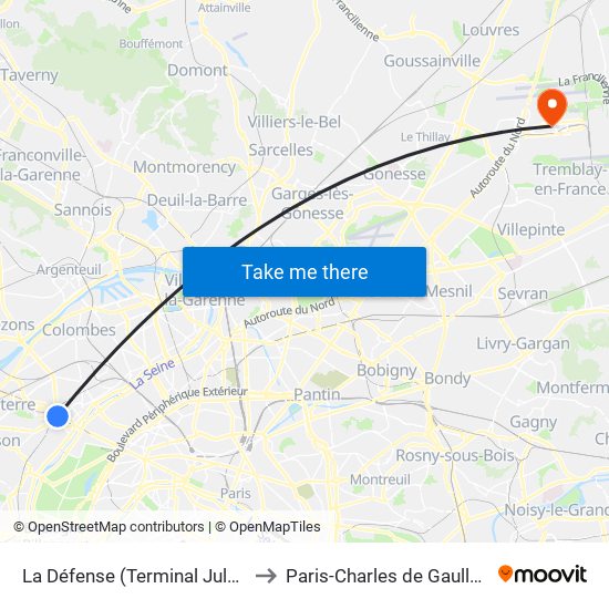 La Défense (Terminal Jules Verne) to Paris-Charles de Gaulle Airport map