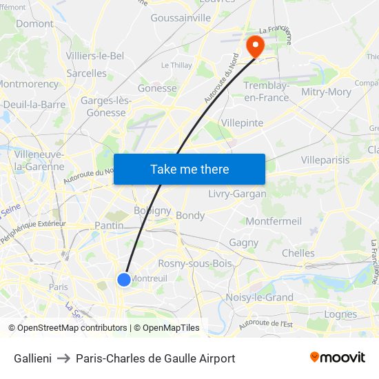 Gallieni to Paris-Charles de Gaulle Airport map