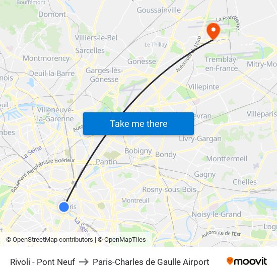 Rivoli - Pont Neuf to Paris-Charles de Gaulle Airport map