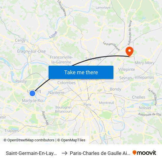 Saint-Germain-En-Laye RER to Paris-Charles de Gaulle Airport map