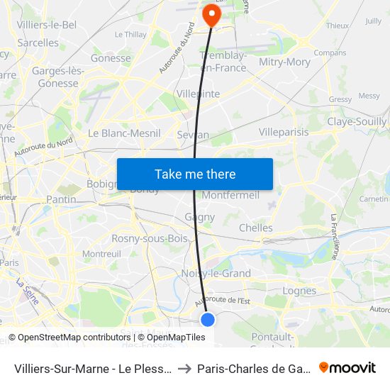 Villiers-Sur-Marne - Le Plessis-Trévise RER to Paris-Charles de Gaulle Airport map