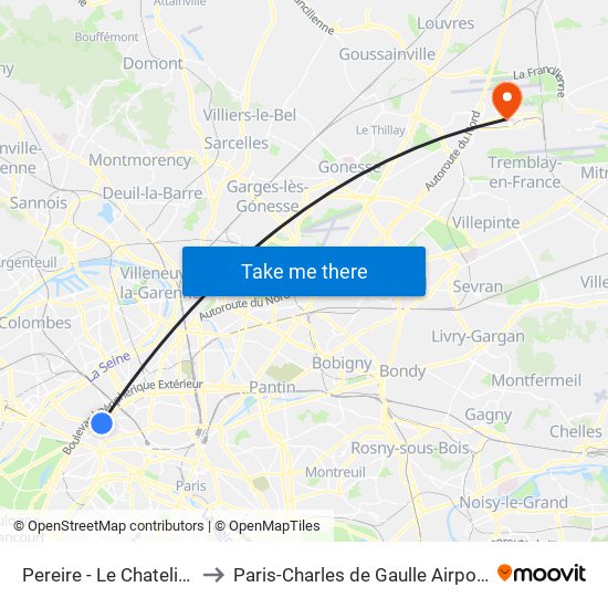 Pereire - Le Chatelier to Paris-Charles de Gaulle Airport map