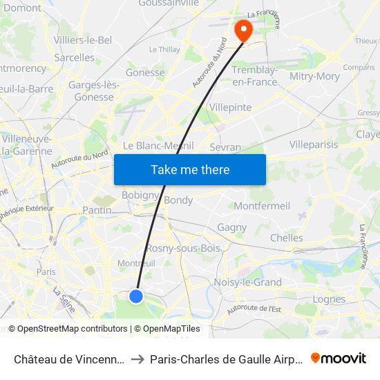 Château de Vincennes to Paris-Charles de Gaulle Airport map