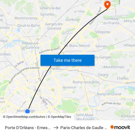 Porte D'Orléans - Ernest Reyer to Paris-Charles de Gaulle Airport map