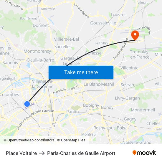 Place Voltaire to Paris-Charles de Gaulle Airport map