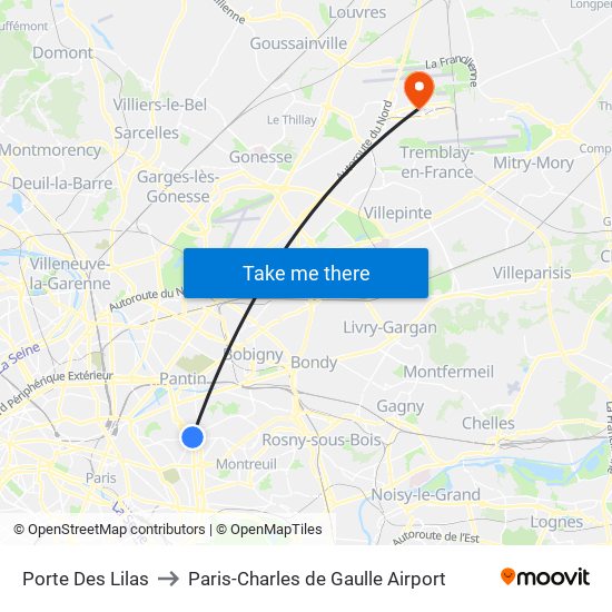 Porte Des Lilas to Paris-Charles de Gaulle Airport map
