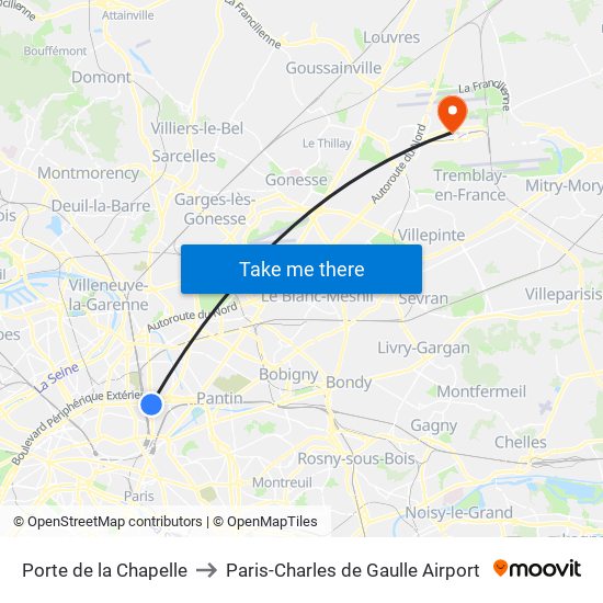 Porte de la Chapelle to Paris-Charles de Gaulle Airport map