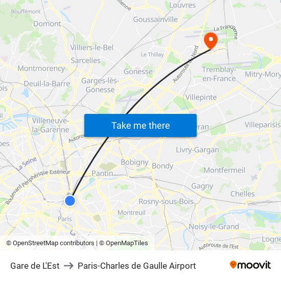 Gare de L'Est to Paris-Charles de Gaulle Airport map