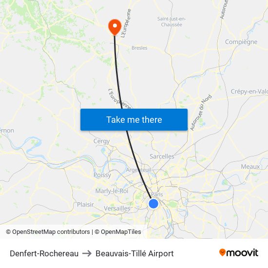 Denfert-Rochereau to Beauvais-Tillé Airport map