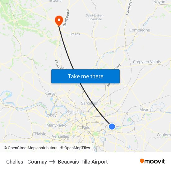 Chelles - Gournay to Beauvais-Tillé Airport map