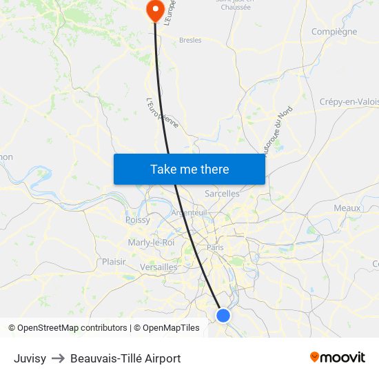 Juvisy to Beauvais-Tillé Airport map