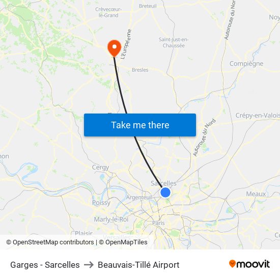 Garges - Sarcelles to Beauvais-Tillé Airport map