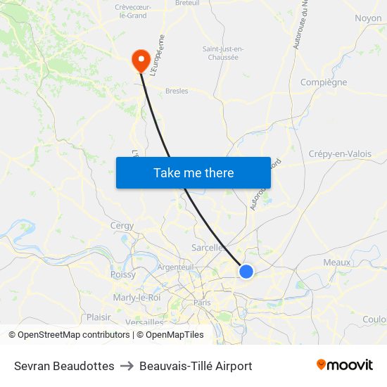 Sevran Beaudottes to Beauvais-Tillé Airport map