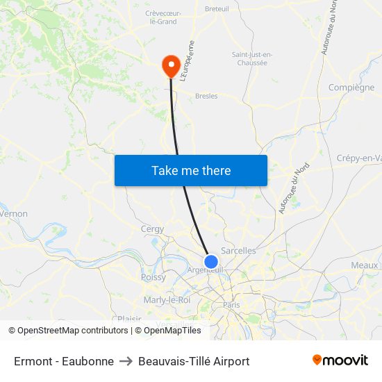 Ermont - Eaubonne to Beauvais-Tillé Airport map