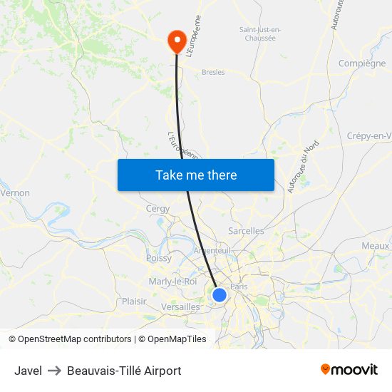 Javel to Beauvais-Tillé Airport map