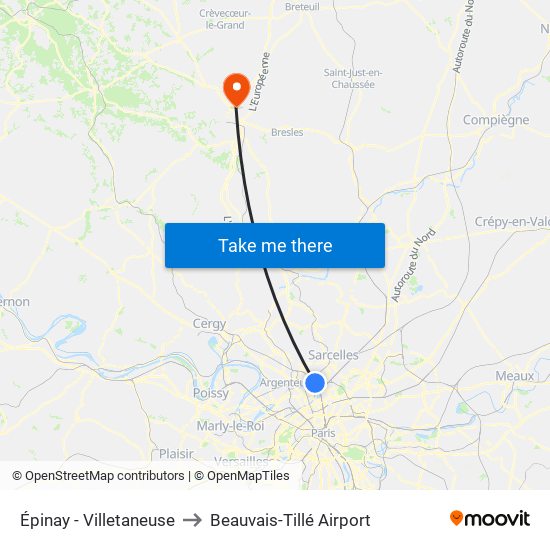 Épinay - Villetaneuse to Beauvais-Tillé Airport map