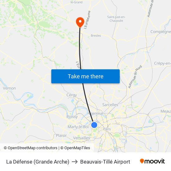 La Défense (Grande Arche) to Beauvais-Tillé Airport map