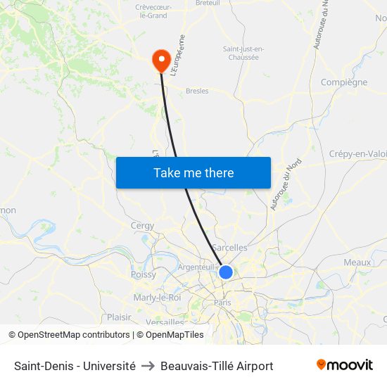 Saint-Denis - Université to Beauvais-Tillé Airport map