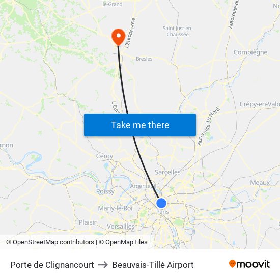 Porte de Clignancourt to Beauvais-Tillé Airport map