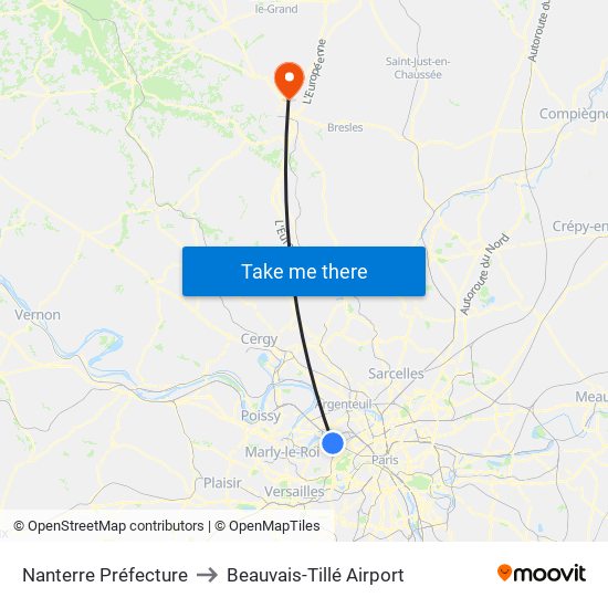 Nanterre Préfecture to Beauvais-Tillé Airport map