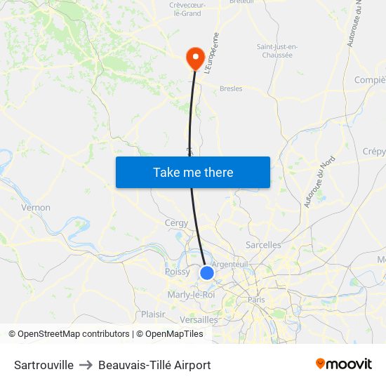 Sartrouville to Beauvais-Tillé Airport map