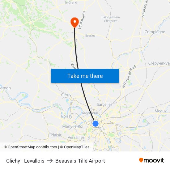 Clichy - Levallois to Beauvais-Tillé Airport map