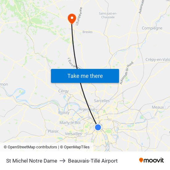St Michel Notre Dame to Beauvais-Tillé Airport map