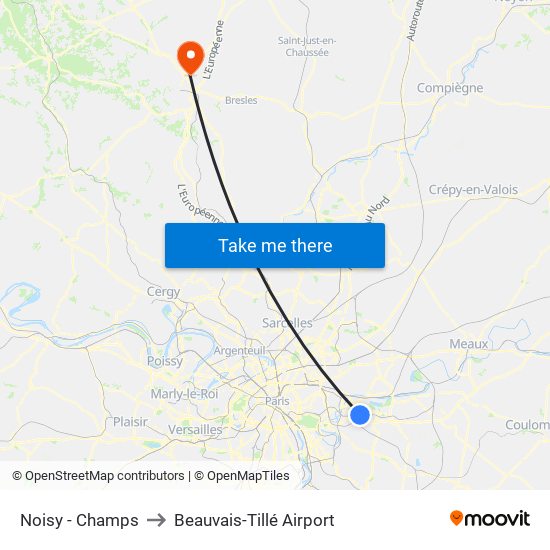 Noisy - Champs to Beauvais-Tillé Airport map