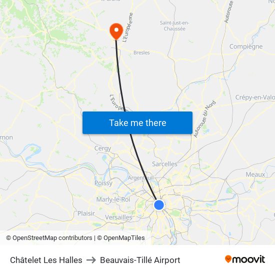 Châtelet Les Halles to Beauvais-Tillé Airport map