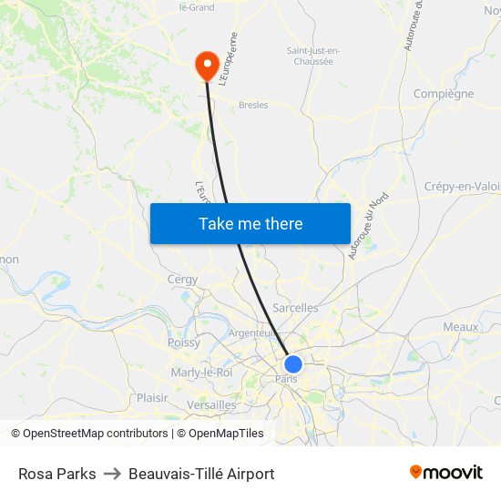 Rosa Parks to Beauvais-Tillé Airport map
