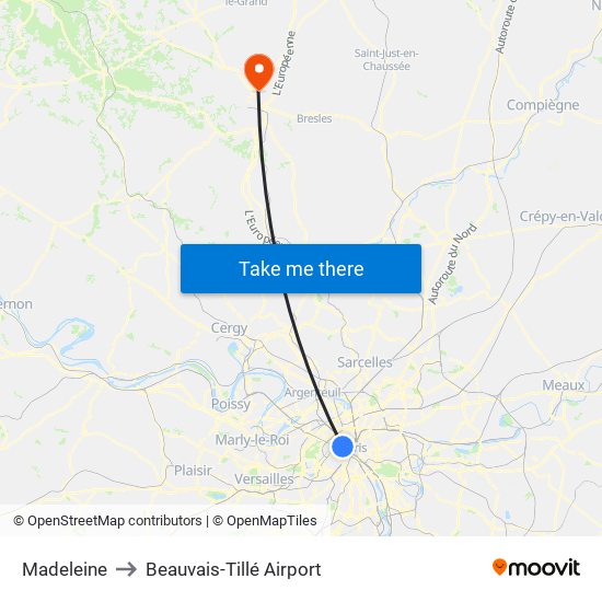 Madeleine to Beauvais-Tillé Airport map