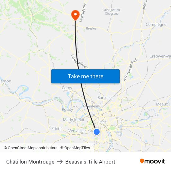 Châtillon-Montrouge to Beauvais-Tillé Airport map