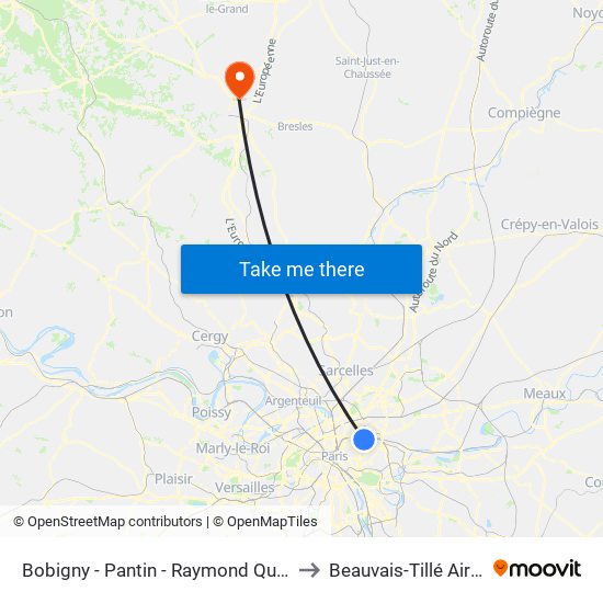 Bobigny - Pantin - Raymond Queneau to Beauvais-Tillé Airport map
