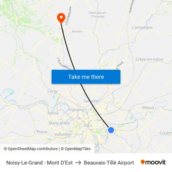 Noisy-Le-Grand - Mont D'Est to Beauvais-Tillé Airport map