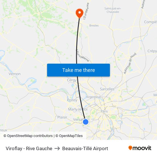 Viroflay - Rive Gauche to Beauvais-Tillé Airport map