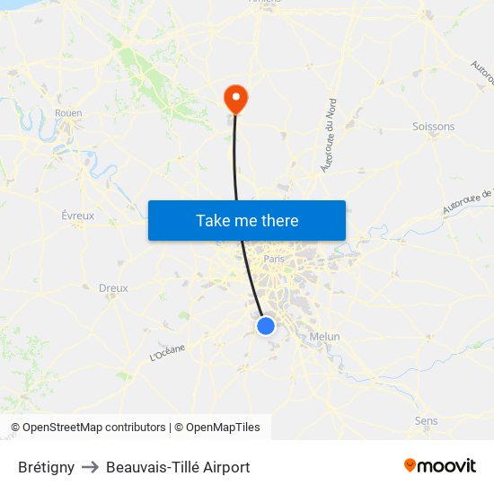 Brétigny to Beauvais-Tillé Airport map