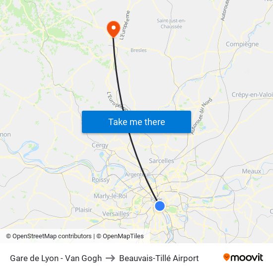 Gare de Lyon - Van Gogh to Beauvais-Tillé Airport map