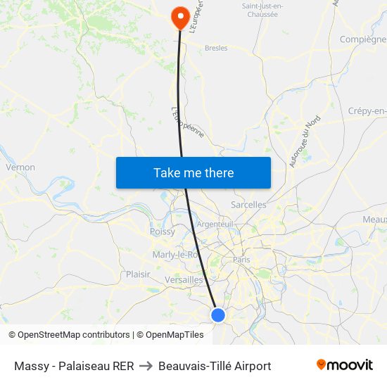 Massy - Palaiseau RER to Beauvais-Tillé Airport map