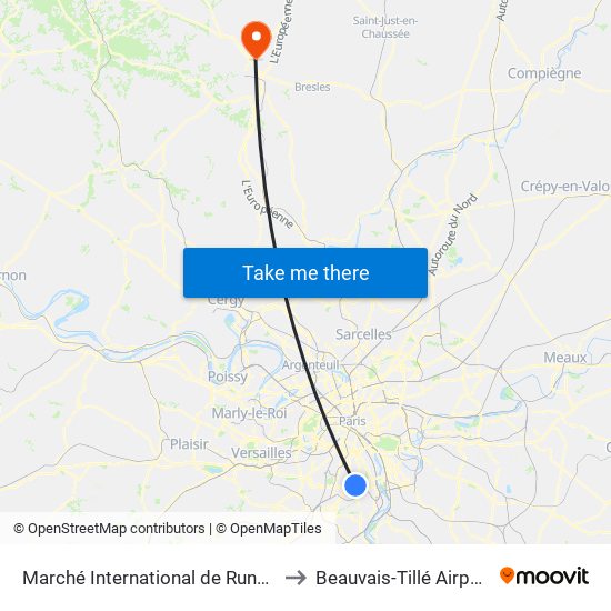 Marché International de Rungis to Beauvais-Tillé Airport map