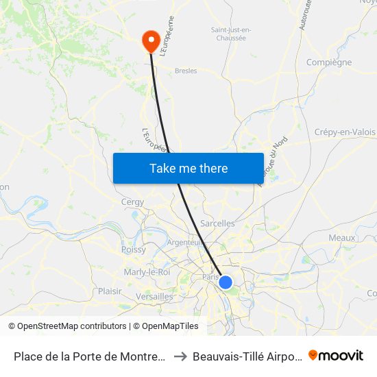 Place de la Porte de Montreuil to Beauvais-Tillé Airport map