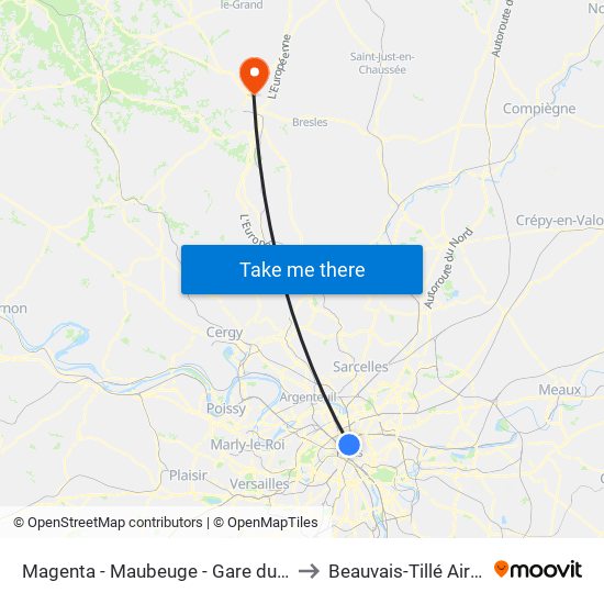 Magenta - Maubeuge - Gare du Nord to Beauvais-Tillé Airport map