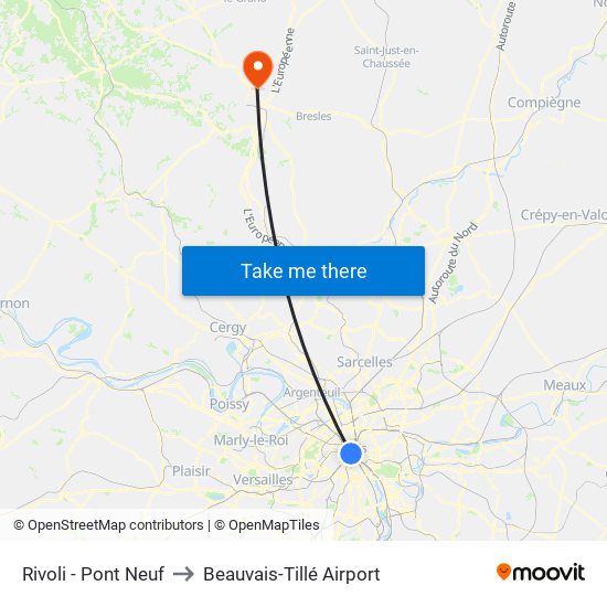 Rivoli - Pont Neuf to Beauvais-Tillé Airport map