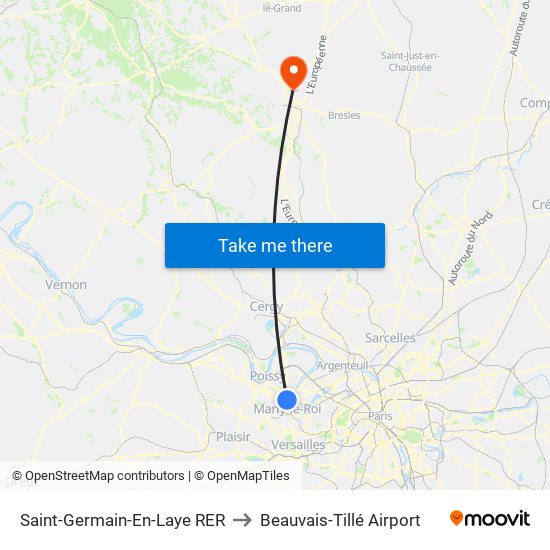 Saint-Germain-En-Laye RER to Beauvais-Tillé Airport map