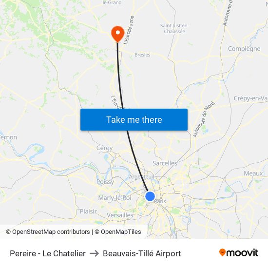 Pereire - Le Chatelier to Beauvais-Tillé Airport map