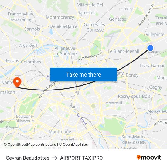 Sevran Beaudottes to AIRPORT TAXIPRO map