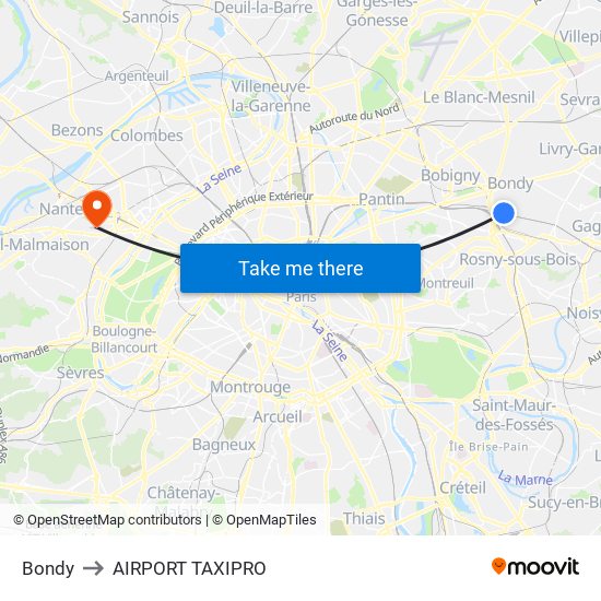 Bondy to AIRPORT TAXIPRO map