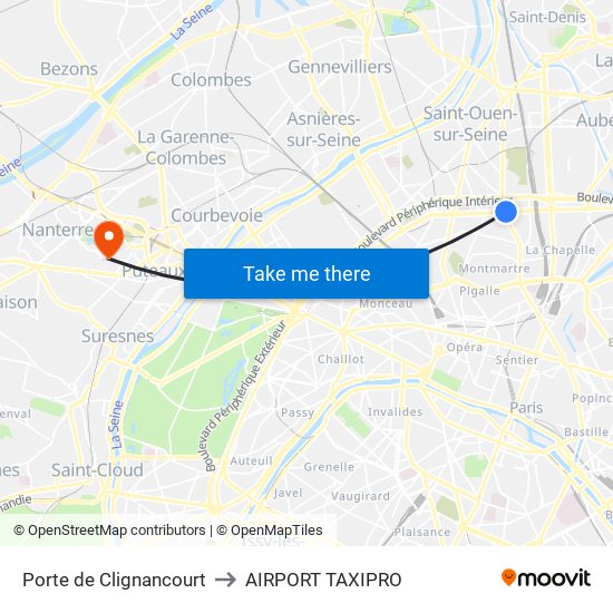 Porte de Clignancourt to AIRPORT TAXIPRO map